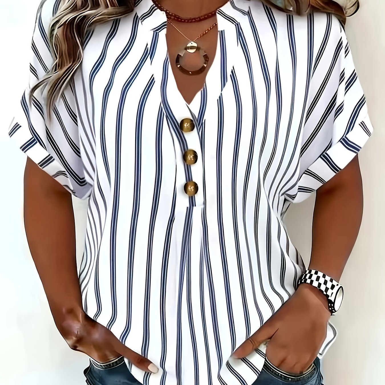 TEMU Summer Women's Fashion Striped Shirt, Short Sleeve Button-up, European And , Loose Fit, Batwing Sleeve Top