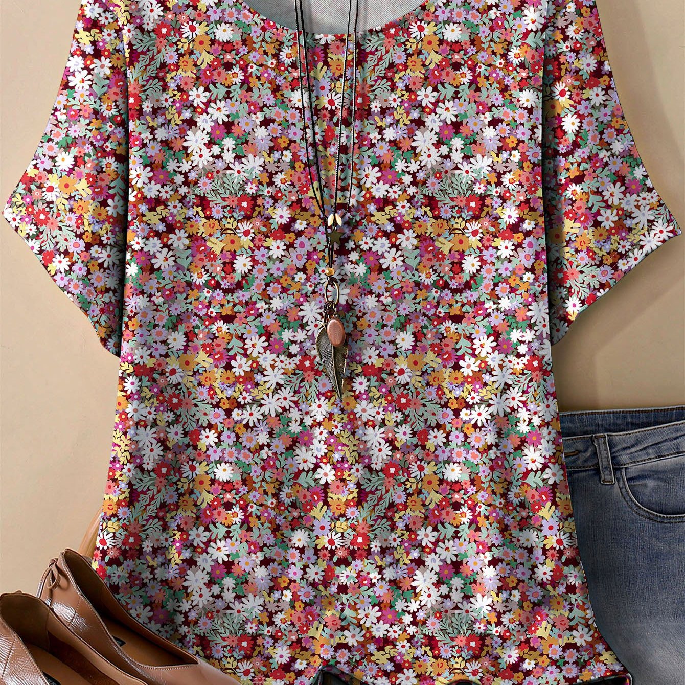 Image of Plus Size, Women's Plus Size Floral Short Sleeve T-shirt- Relaxed Fit Round Neck Top, Breathable Fabric For Spring Summer& Wear, Machine Washable, Vibrant Pattern, Fabric