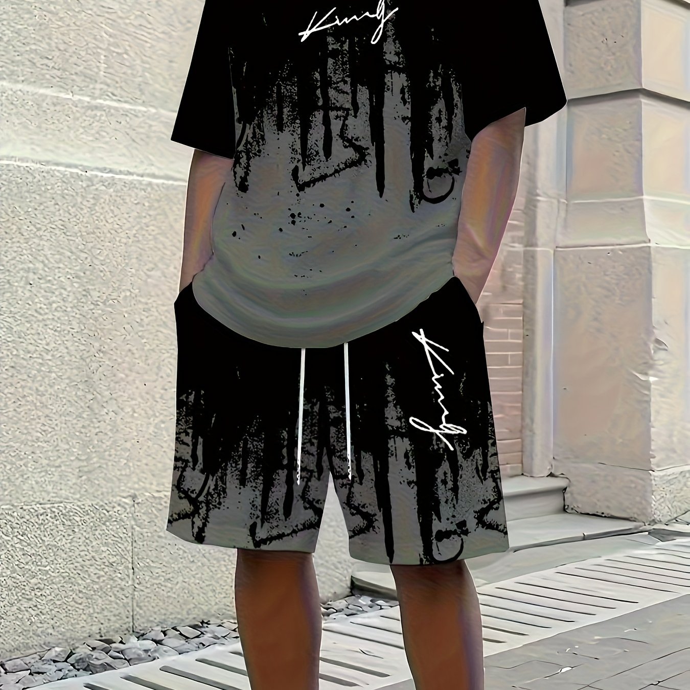 Image of Men's Neck Casual T-shirt And Shorts Set, "king" Graphic Design, Drawstring Elastic Waist Shorts, Soft And Breathable, Comfortable For Outdoor