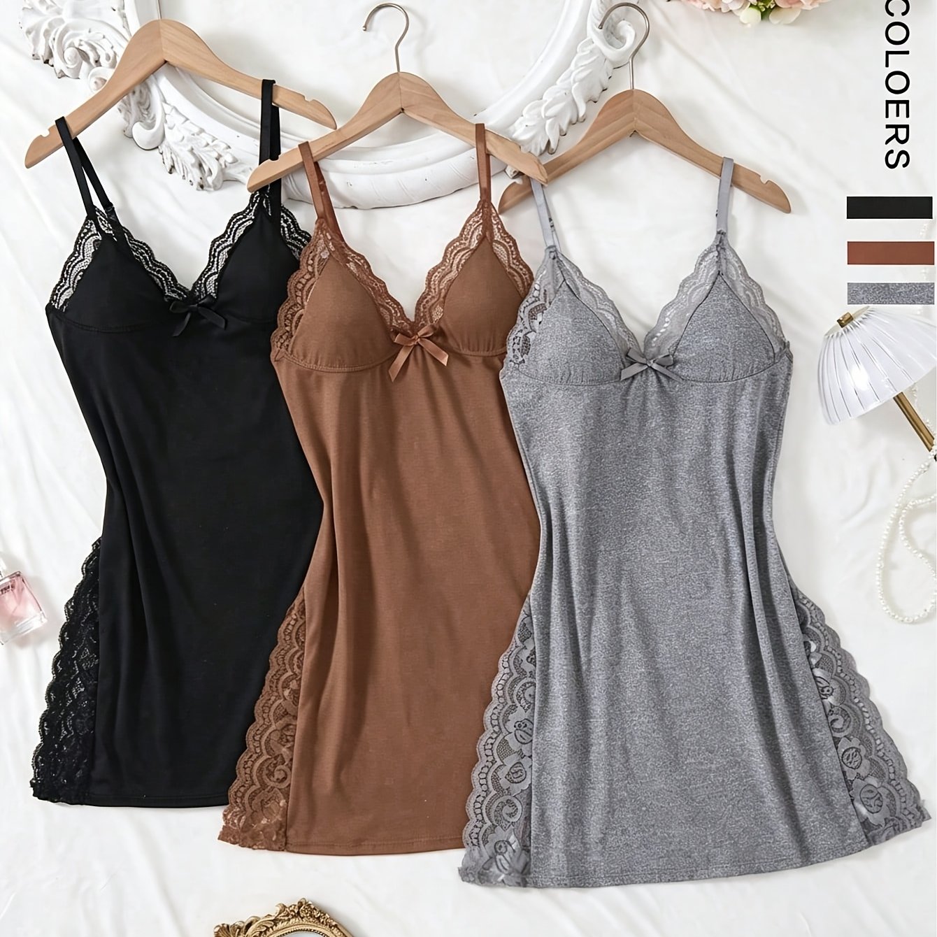 TEMU 3pcs Solid Color Lace Spliced Bow-decorated Sleeveless Romantic Side-slit Camisole Nightgown & Suitable For