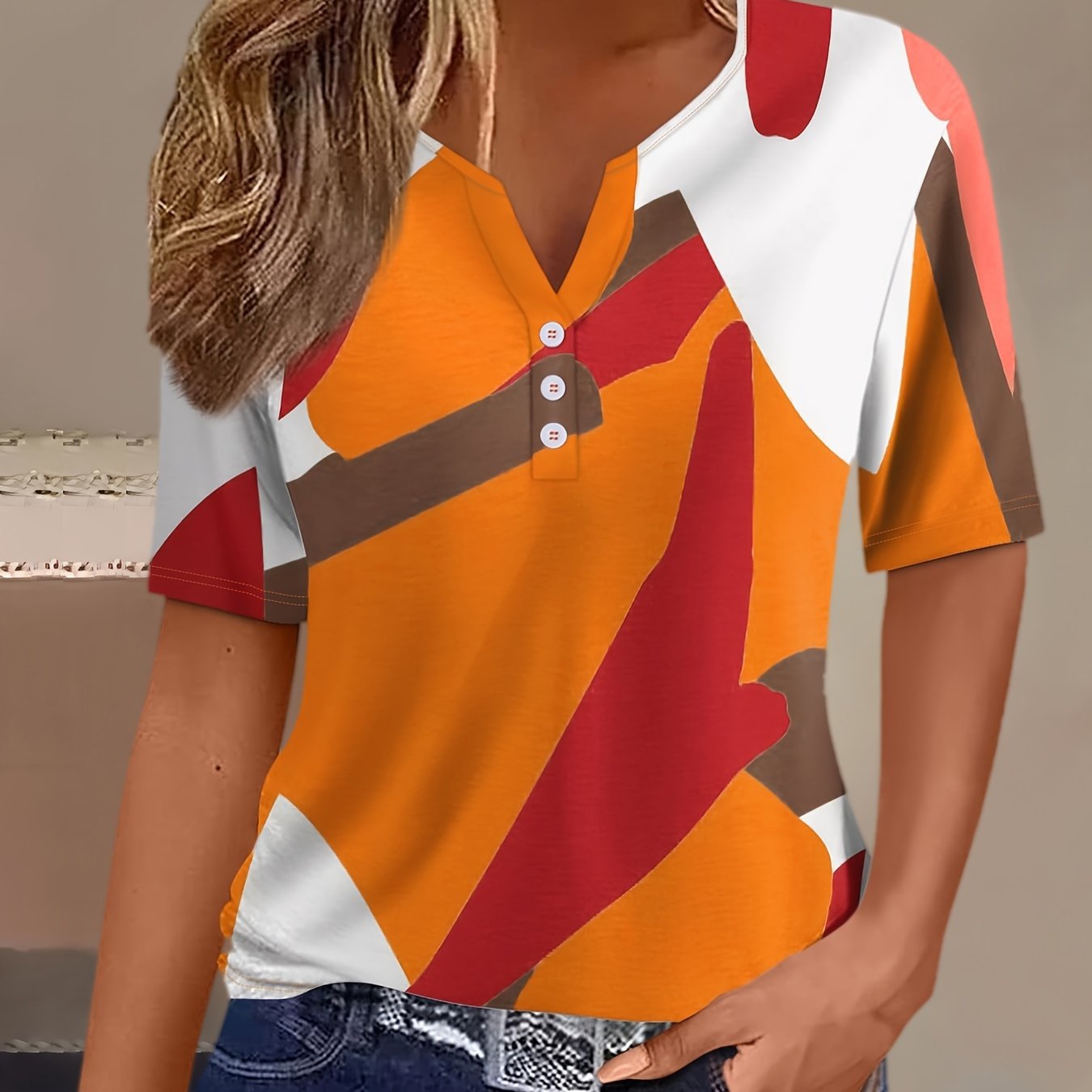 Image of Print Notch Neck T-shirt, Casual Short Sleeve Button T-shirt For , Women's Clothing