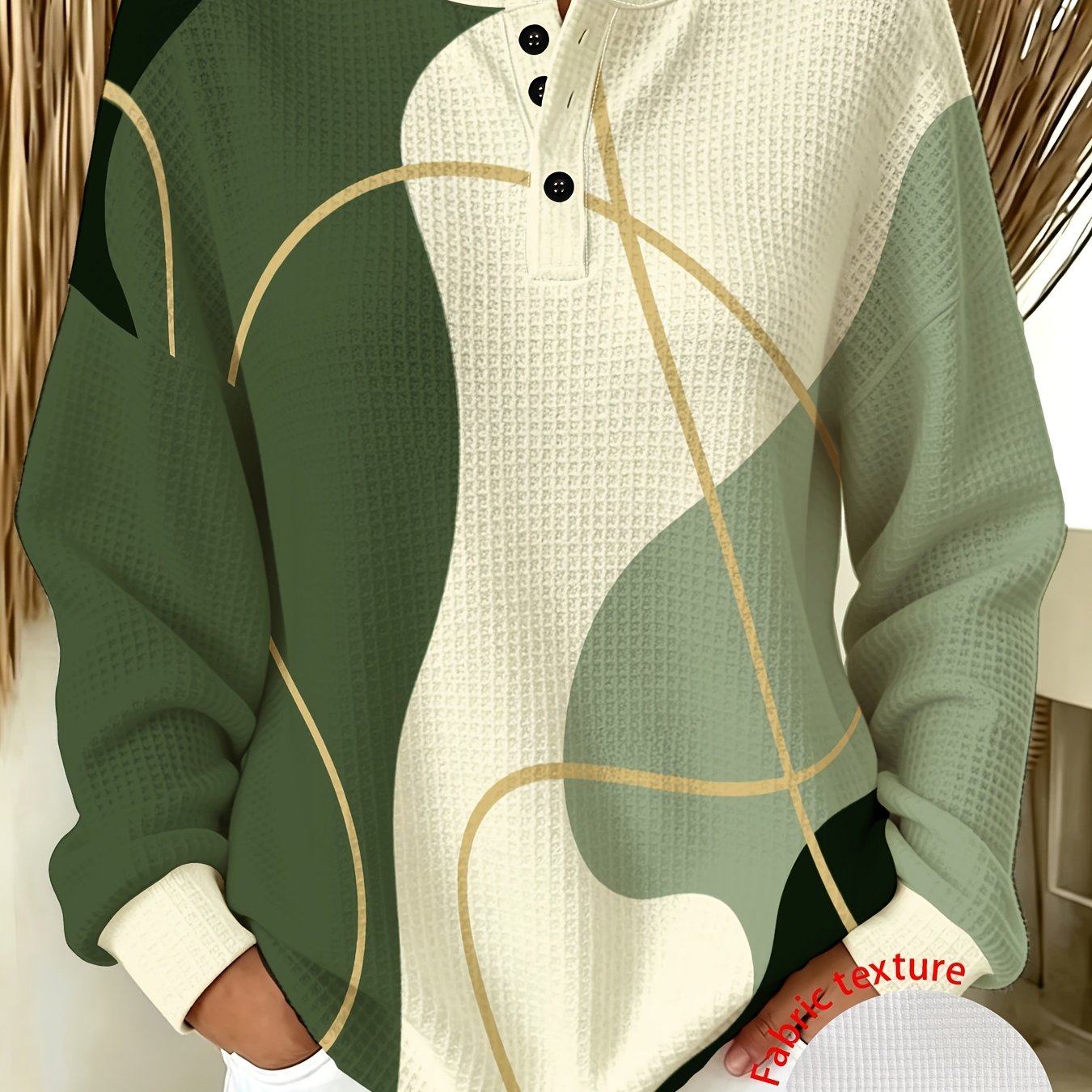TEMU Plus Size - Women's Plus Size Style Green Abstract Graffiti Long Sleeve Sweatshirt, Casual And Outing Fit, Pair With Jeans Or Straight-leg Pants