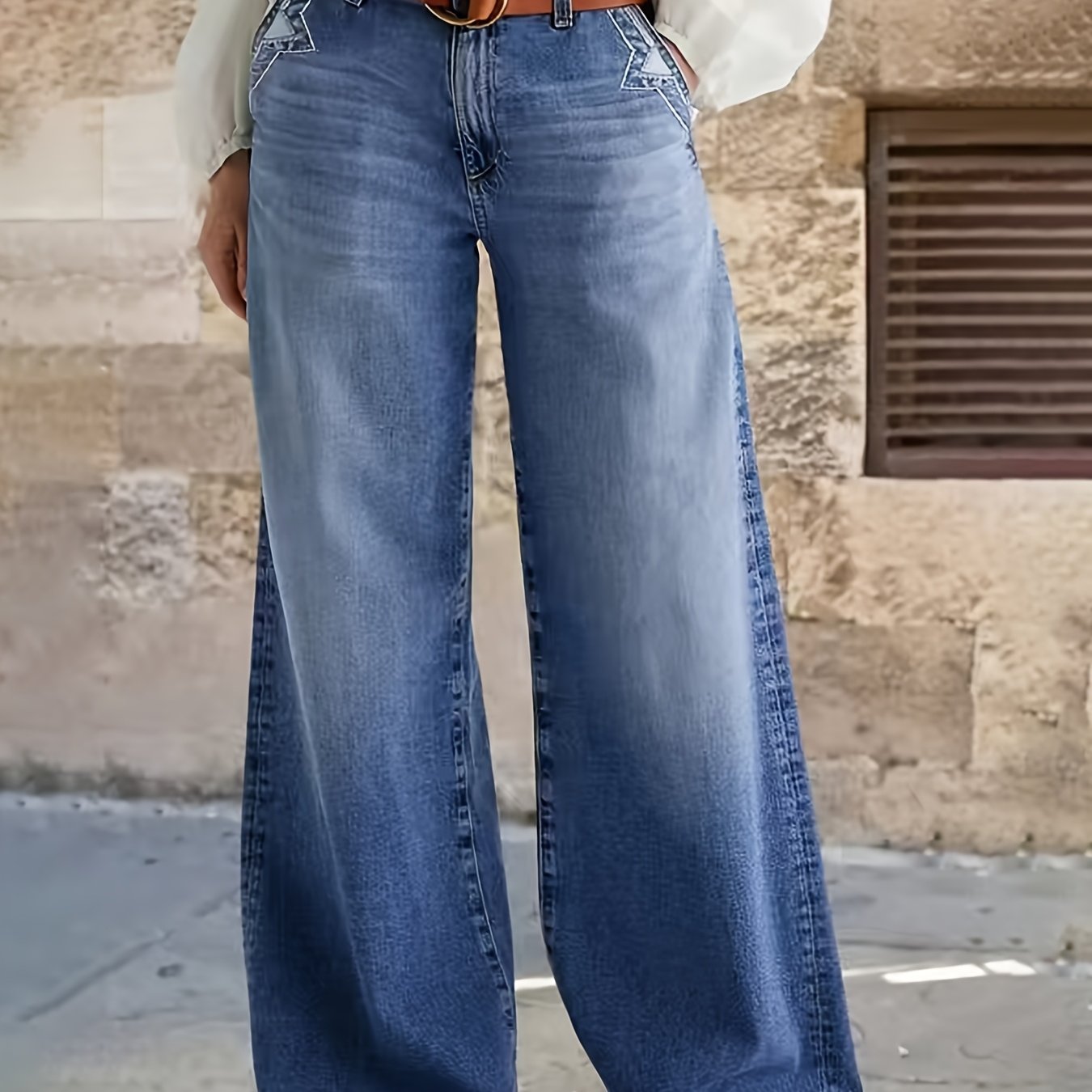 Image of Casual Bag-style Design Women's Denim Wide-leg Long Trousers