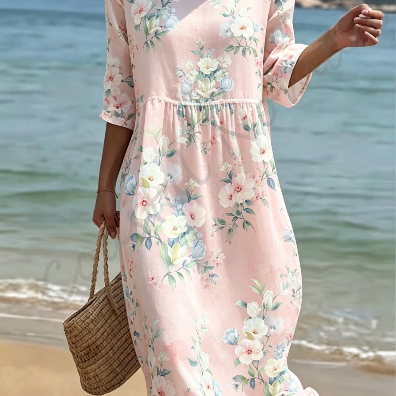 Image of Women's Style Dress, Round Neck And Three-quarter Sleeve Design, Made Of Fiber Fabric, A Gentle French Women's Dress.