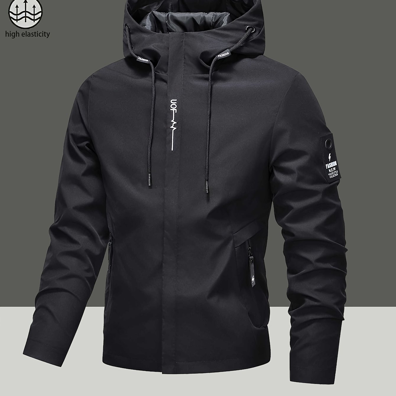 Image of Men's Outdoor Casual Jacket, Fashion Solid Color With Pockets, Casual High Neck Hooded Long Sleeve Coat, Suitable For Outdoor Activities