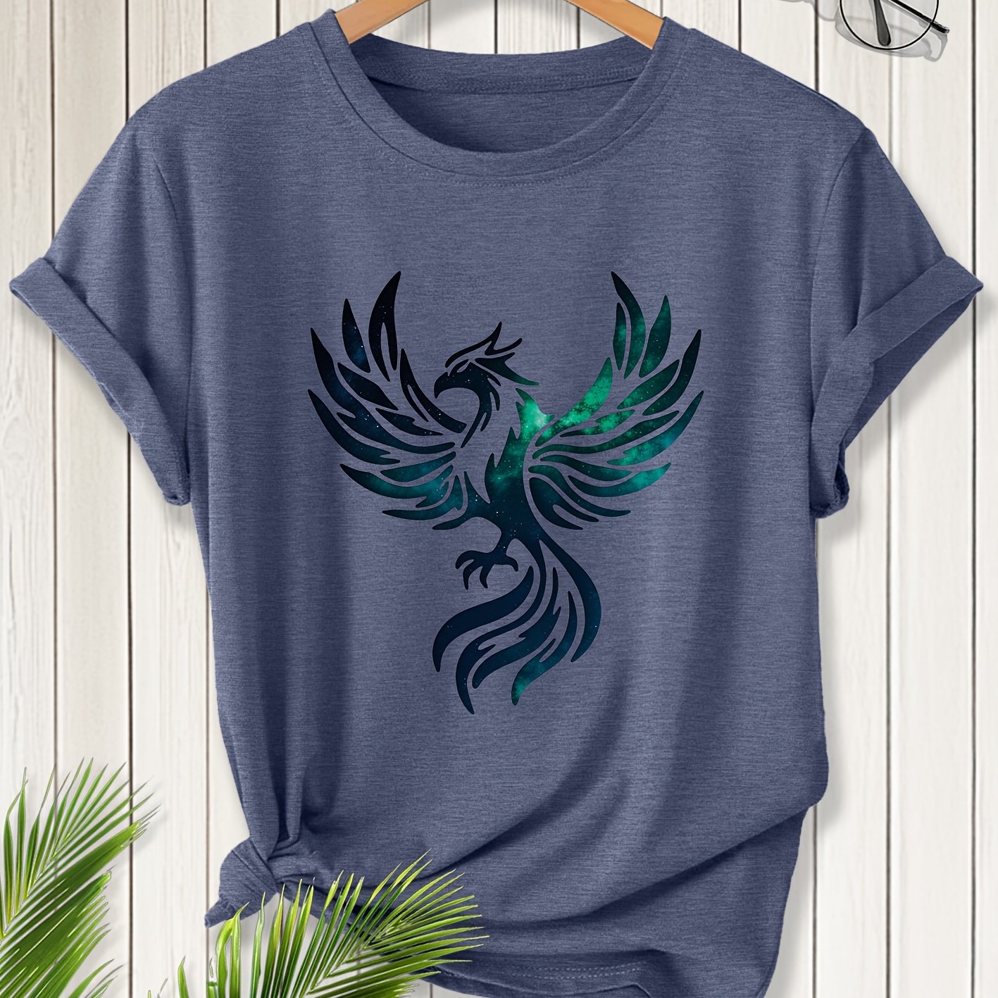TEMU Women's Vintage Phoenix & Starry T-shirt - Distressed Crew Neck Short Sleeve Blouse-compatible Top | Loose Fit Suitable For Gym, Training,
