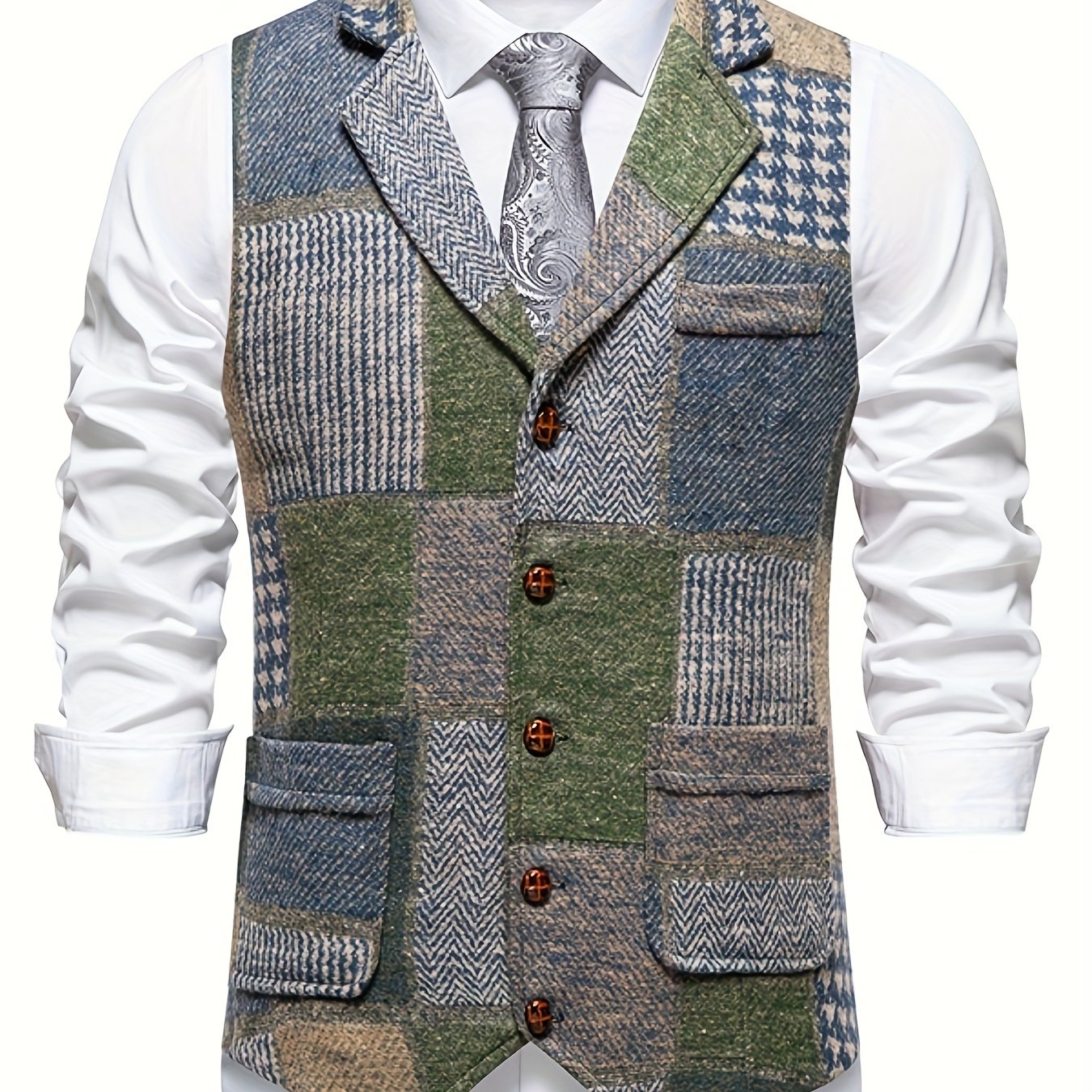 Image of Men's Collar British-style Suit Vest, Suitable For Daily Work Wear, Retro Motorcycle-style Plaid Tweed Casual Vest