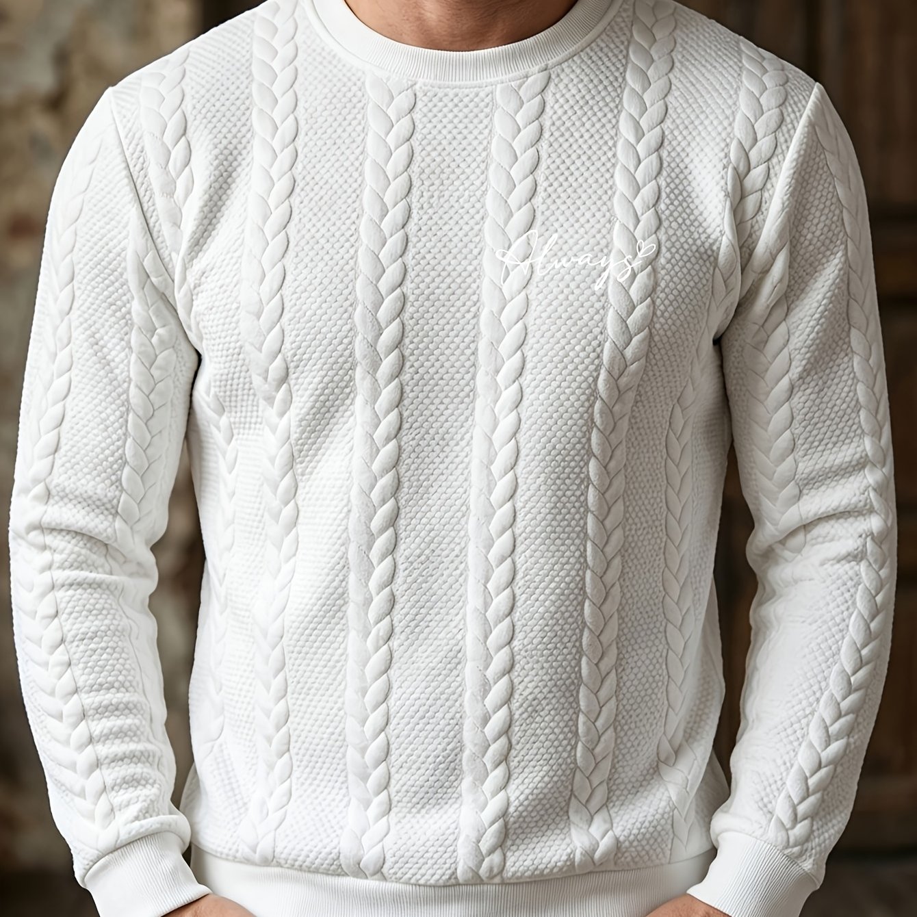 TEMU Men' Color Cable Knit Crew Neck Sweater, Long Sleeve Knitted Base Layer With 3d Print, Versatile Top For Autumn/winter Commuting And Casual Wear