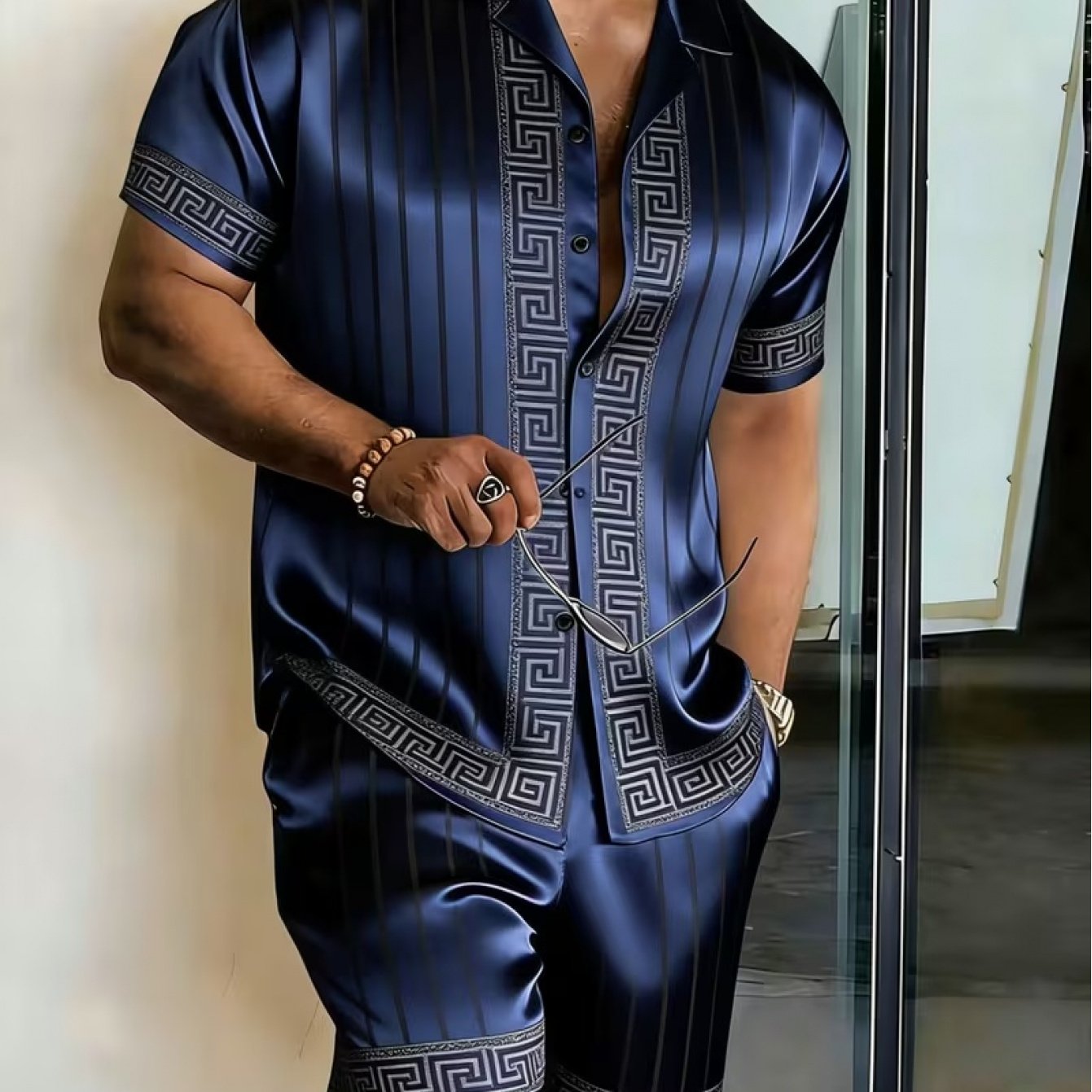 TEMU A 2pcs Men's Summer Outfit Featuring A Short-sleeve Shirt And Shorts, With Geometric Art Patterns. This Stylish And Comfortable Set Is Everyday