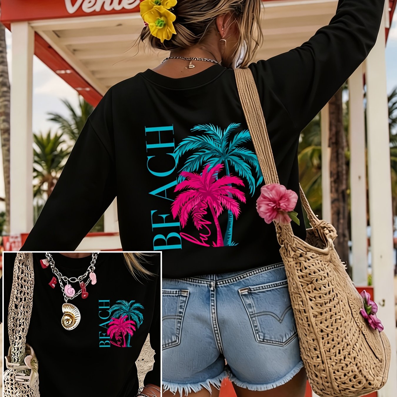 Image of Tree Tropical Contrast Wind Pattern Printed Women's Spring Autumn Round Neck Milk Long Sleeve T-shirt, Loose Versatile Base Layer Casual Top, Retro Tropical Atmosphere Beach , Home Outdoor/ Outing