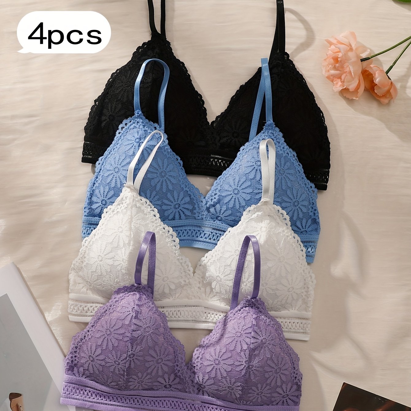 TEMU 4pcs Wire-free Contrast Lace Bralette, Comfortable And Breathable Triangle Cup Women's Underwear
