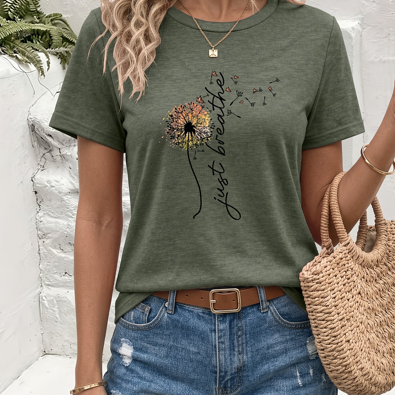 TEMU Dandelion Pattern Printed Round Neck Short Sleeve T-shirt, Comfortable And Breathable, Retro Casual, Summer Versatile -shirt