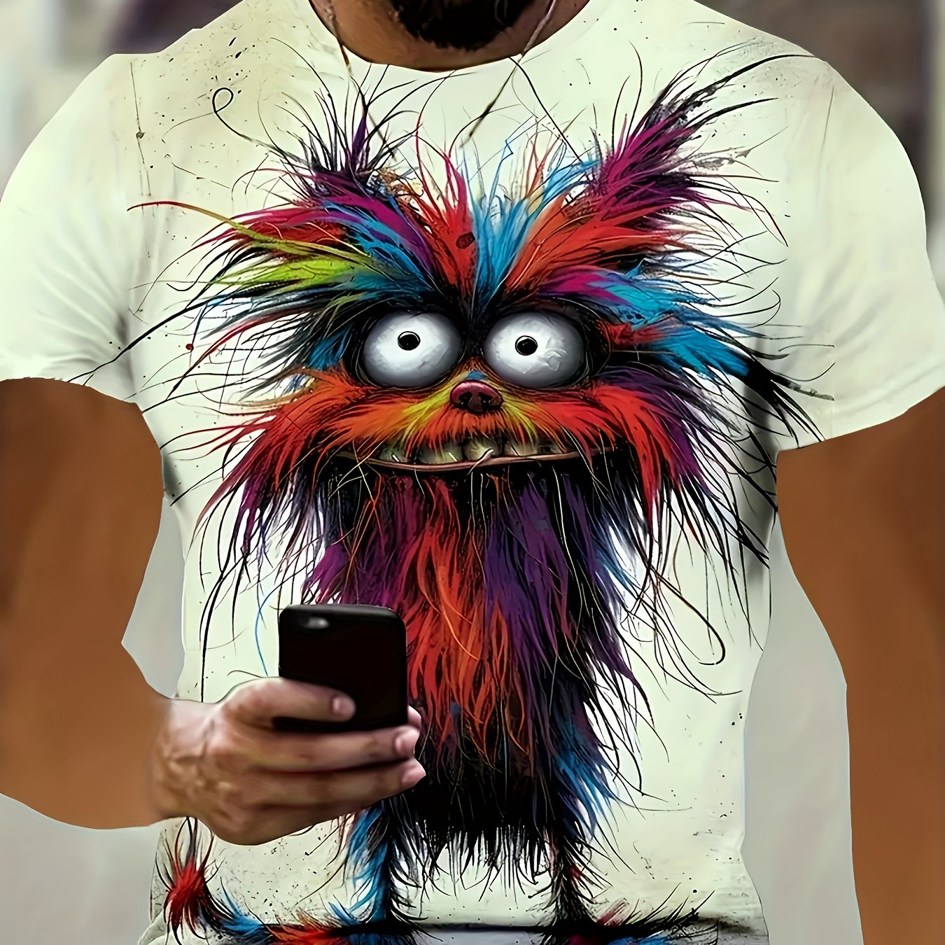 TEMU Guangguangzi Men's 3d Digital Animation Style Dog With Colorful Pattern Crew Neck Short Sleeve T-shirt, And Fashionable Summer Streetwear Top