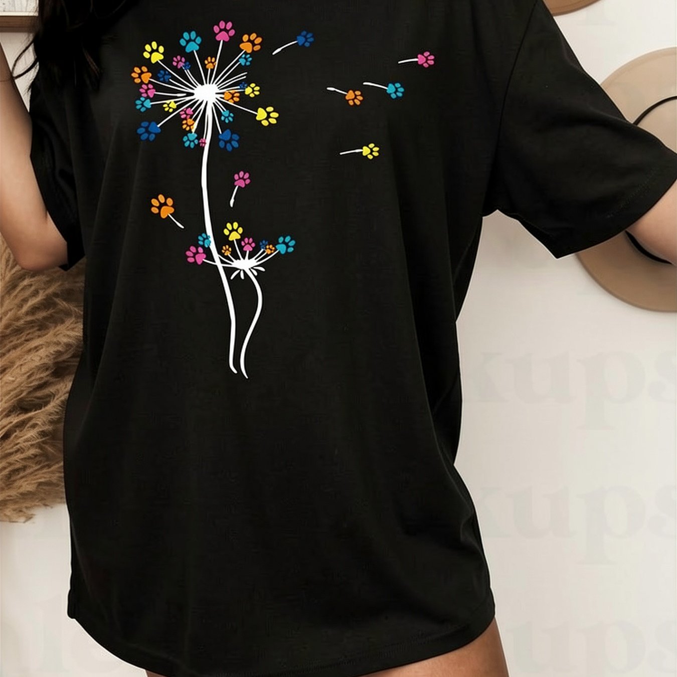 Image of Casual T-shirt Dress Paw Print And Dandelion Pattern