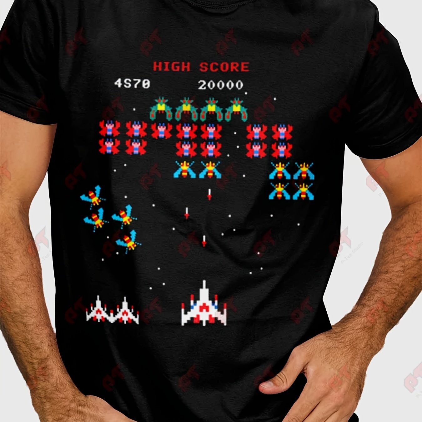 Image of Retro 80s Space Invaders Arcade Gaming T-shirt - Vintage Pixelated Iconic Print, Round Neck Casual Tee Suitable For Wear, Machine Washable Nostalgic Gift For , Plus Size