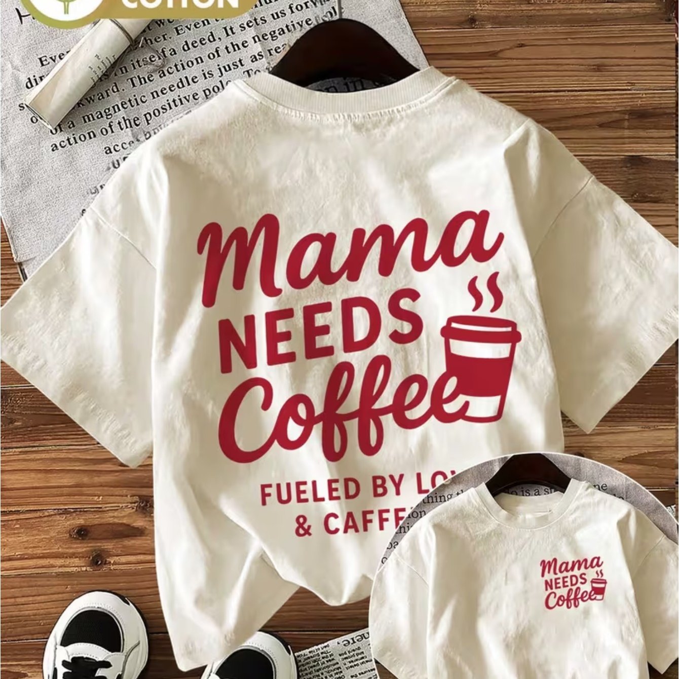 Image of Double-sided Print Spring/summer Fashion Women's Top, , Coffee Cup, Text, Heart "mama Needs " Print, Round Neck Short Sleeve 's T-shirt