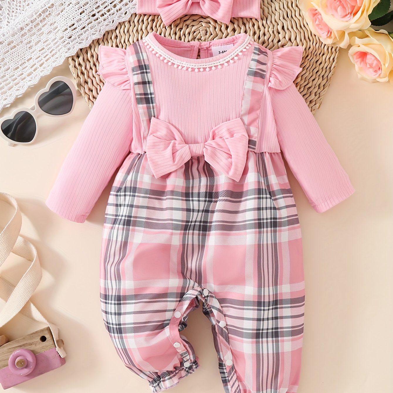 Baby Girl Cute Pink Grid Onesie Splicing Pit Strip With Headscarf 2pcs, For Outdoor