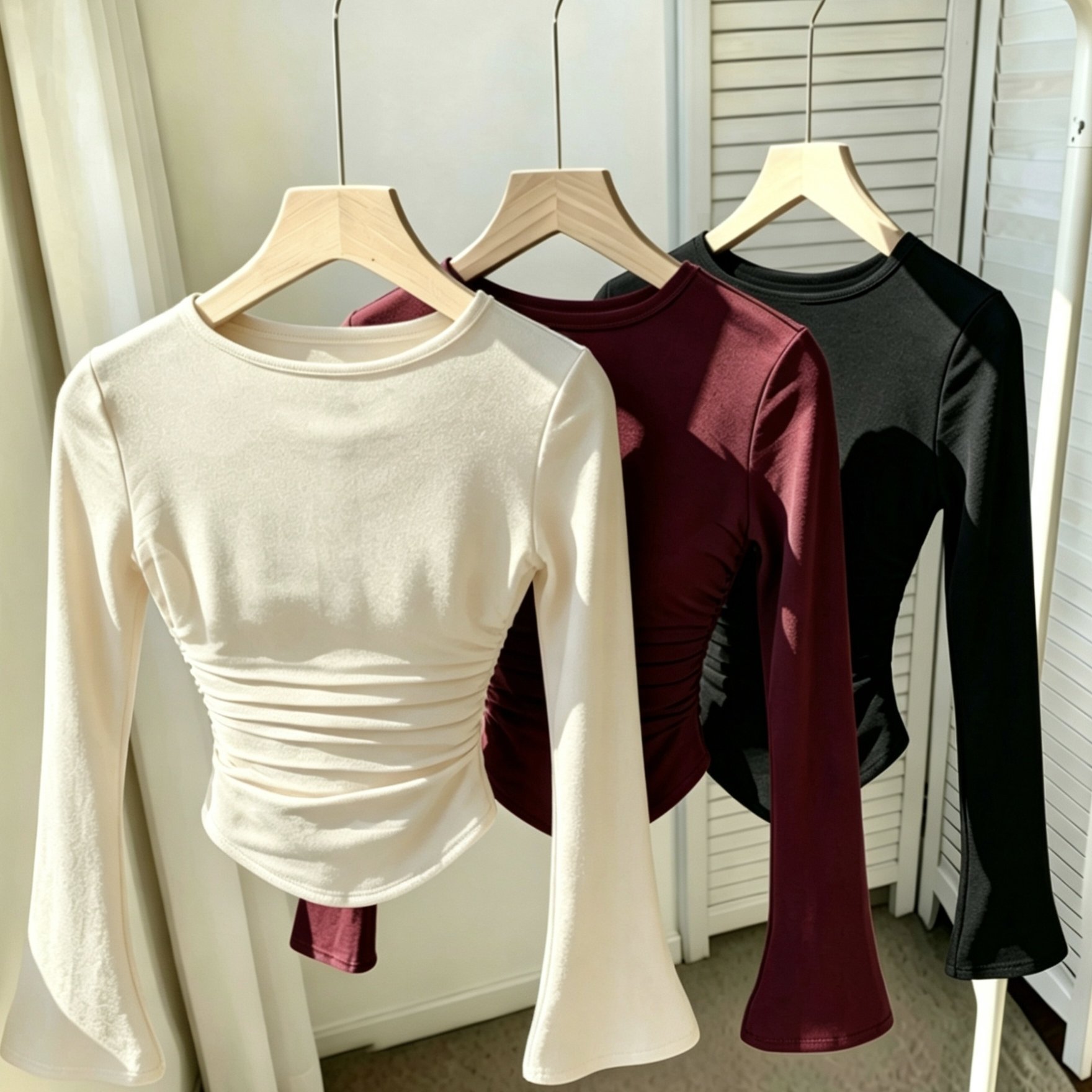 TEMU Autumn Winter New Mixed Color 3pcs Set Women's Bell Long Sleeve Solid Color Versatile Top