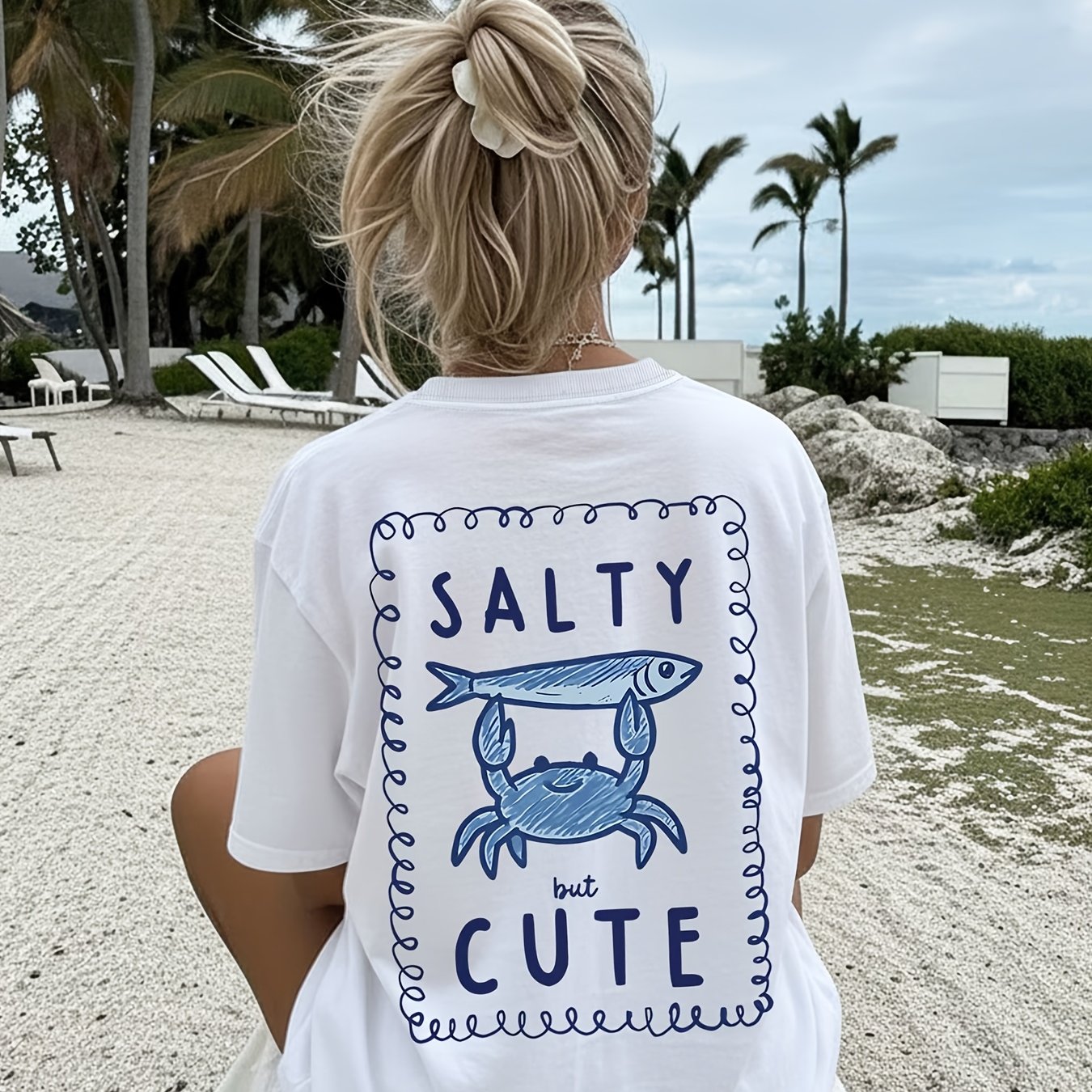 TEMU [double-sided Printed] Women's Fashion Top, Women's Summer Wear, , Crab Text But Cute Printed Round Neck Short Sleeve T-shirt