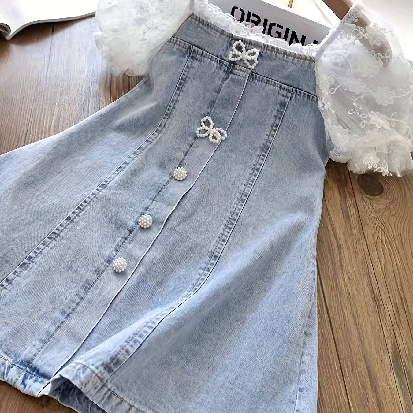 Image of Girls' Summer Denim Dress Summer 2025 New ' Elegant Children's Bubble Sleeve Fashion Skirt