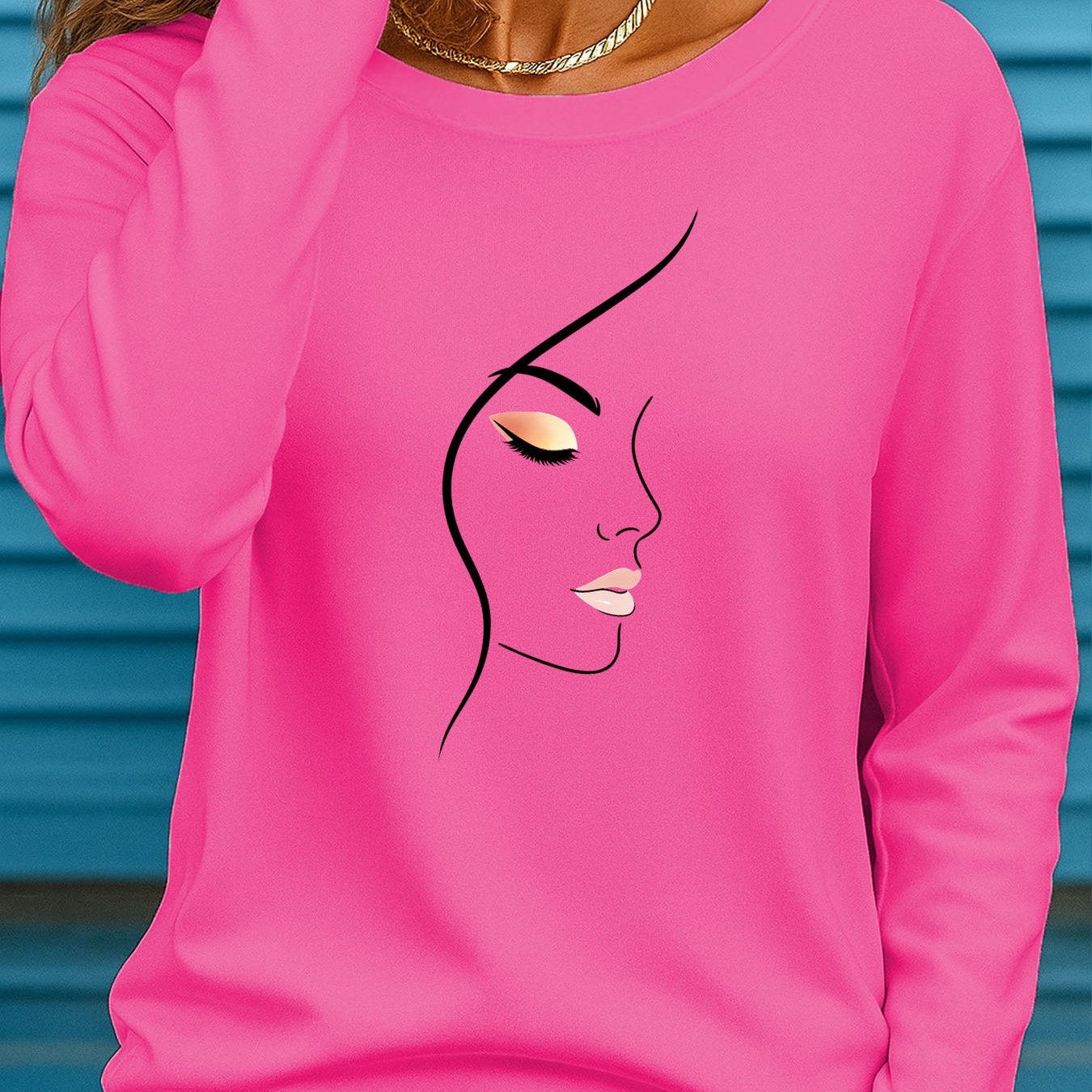 TEMU Plus Size Women's Long Sleeve Round Neck T-shirt With A Featuring A Soft And Beautiful Side Profile Print Ii 964