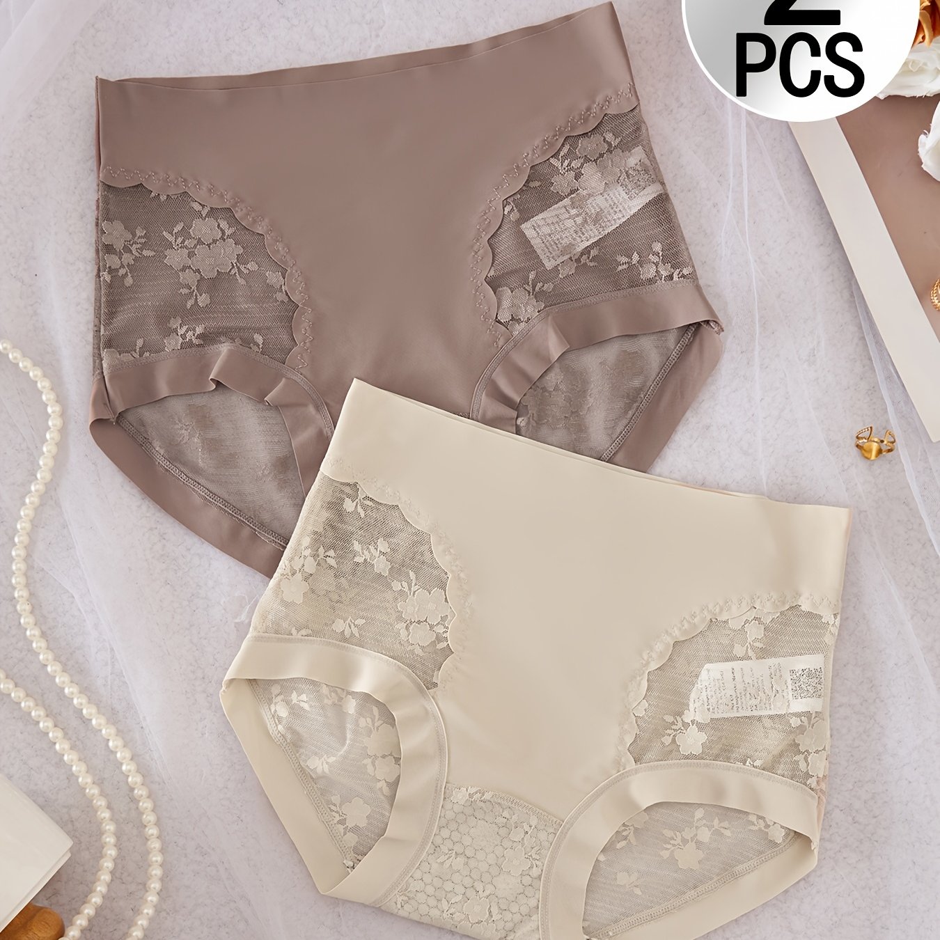 TEMU 2pcs High-waist Tummy Control Lace Panties For Women, Lifting Breathable Comfortable, Sexy Sheer Women's Briefs