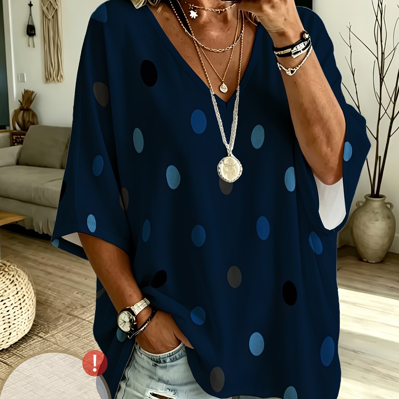 TEMU Plus Size, Fashionable, Casual, Comfortable, Women's, V-neck, Three-quarter Sleeve, Navy Blue With Blue-gray Polka Dot Print T-shirt