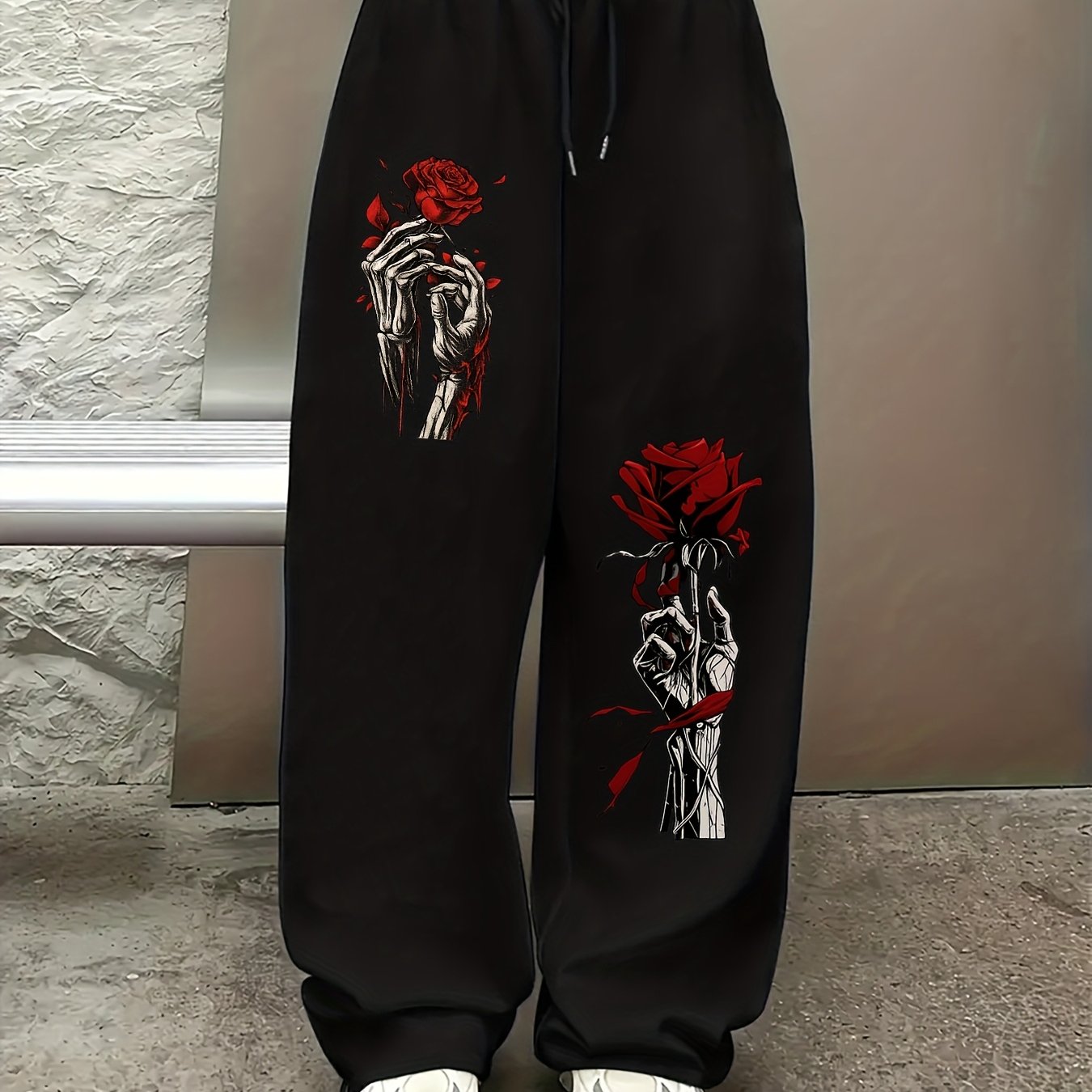 TEMU Pantalon Long à Jambes Larges et Drapées pour Femme, à la Taille Élastique avec Cordon de Serrage, Motif Imprimé et Rose d'Halloween, Pantalon