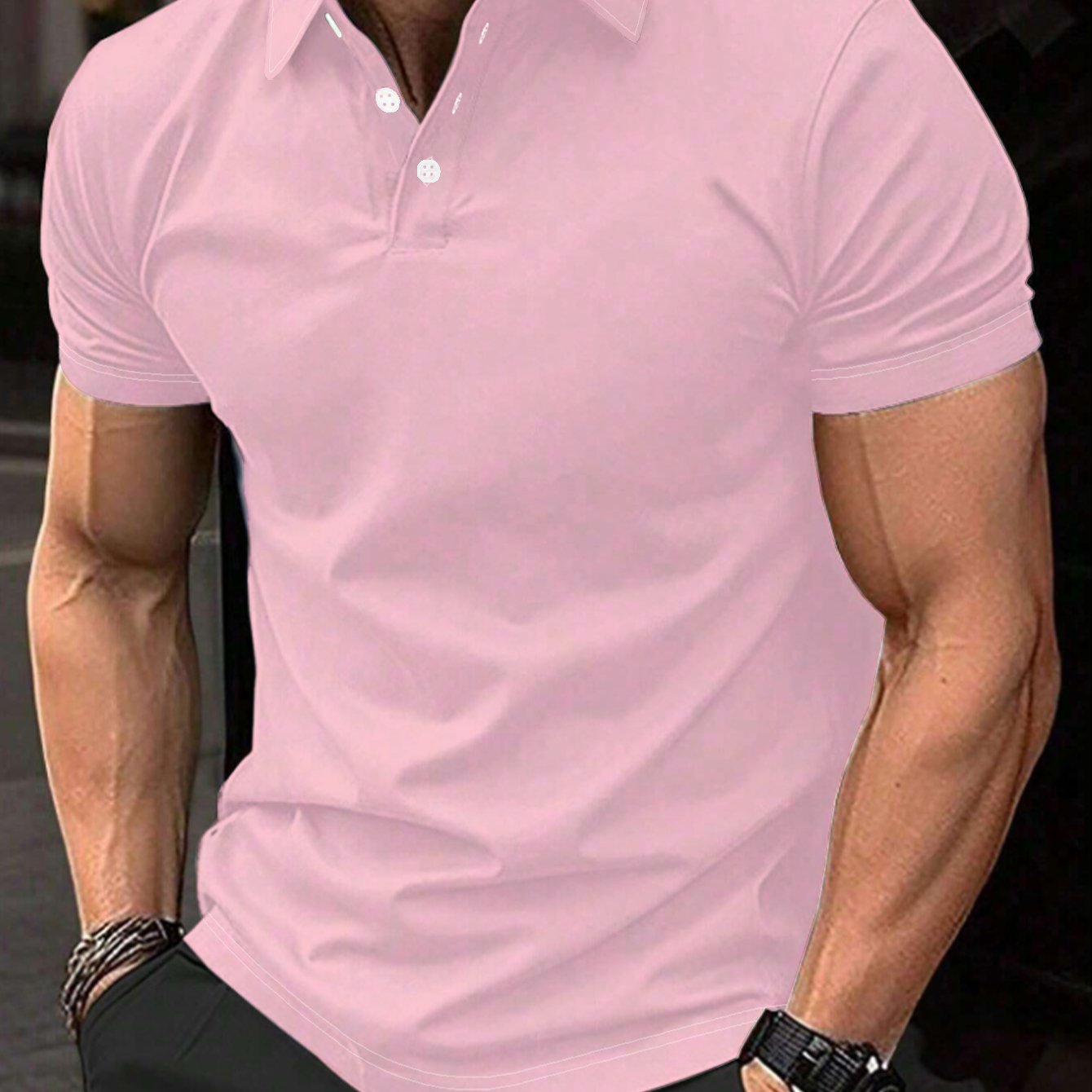 TEMU Men's Sporty Style Golf Shirt - Pink Background, Classic Business Button- Collared Top