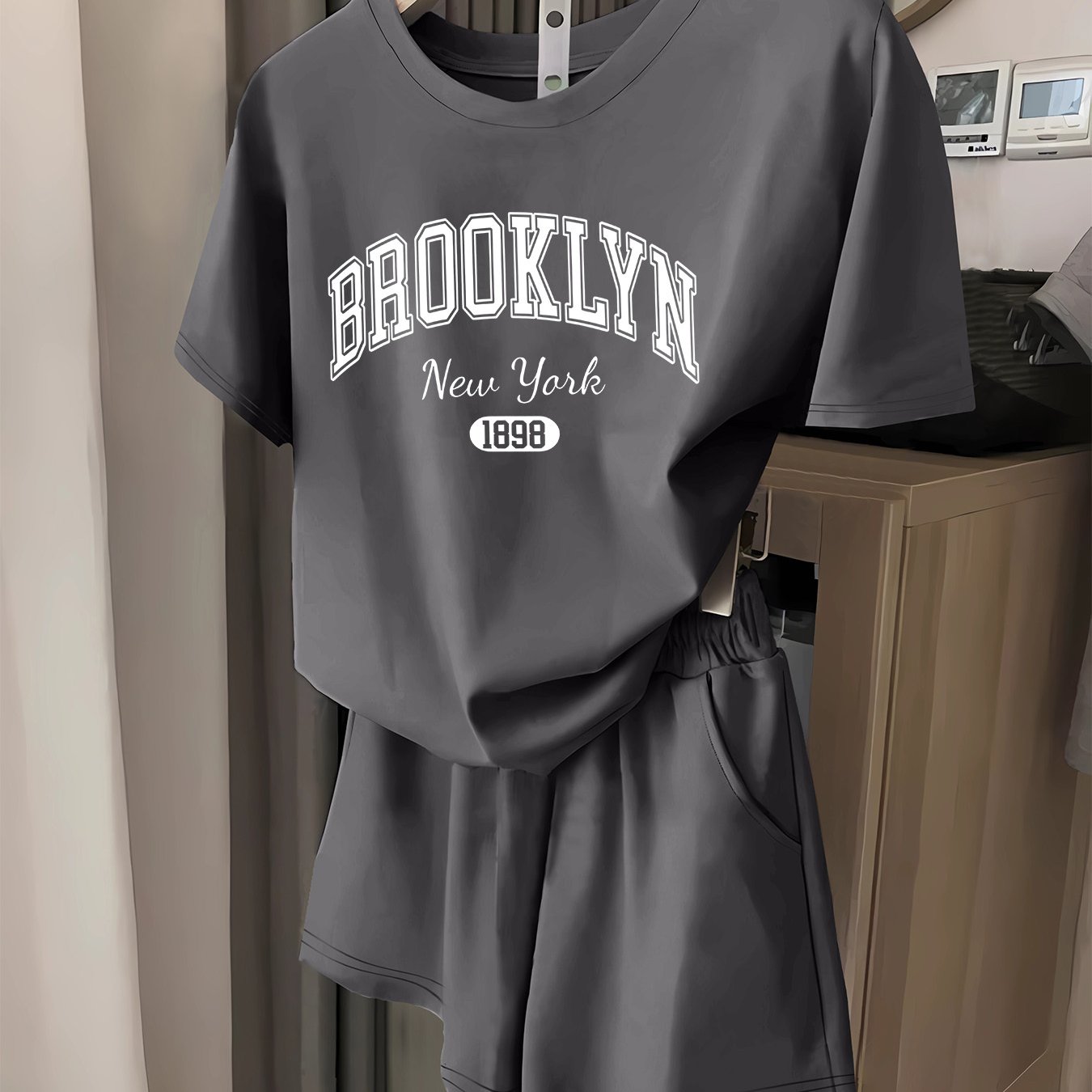 TEMU Brooklyn Letter Print 2 Piece Set, Short Sleeve T-shirt & Shorts, Women's Clothing