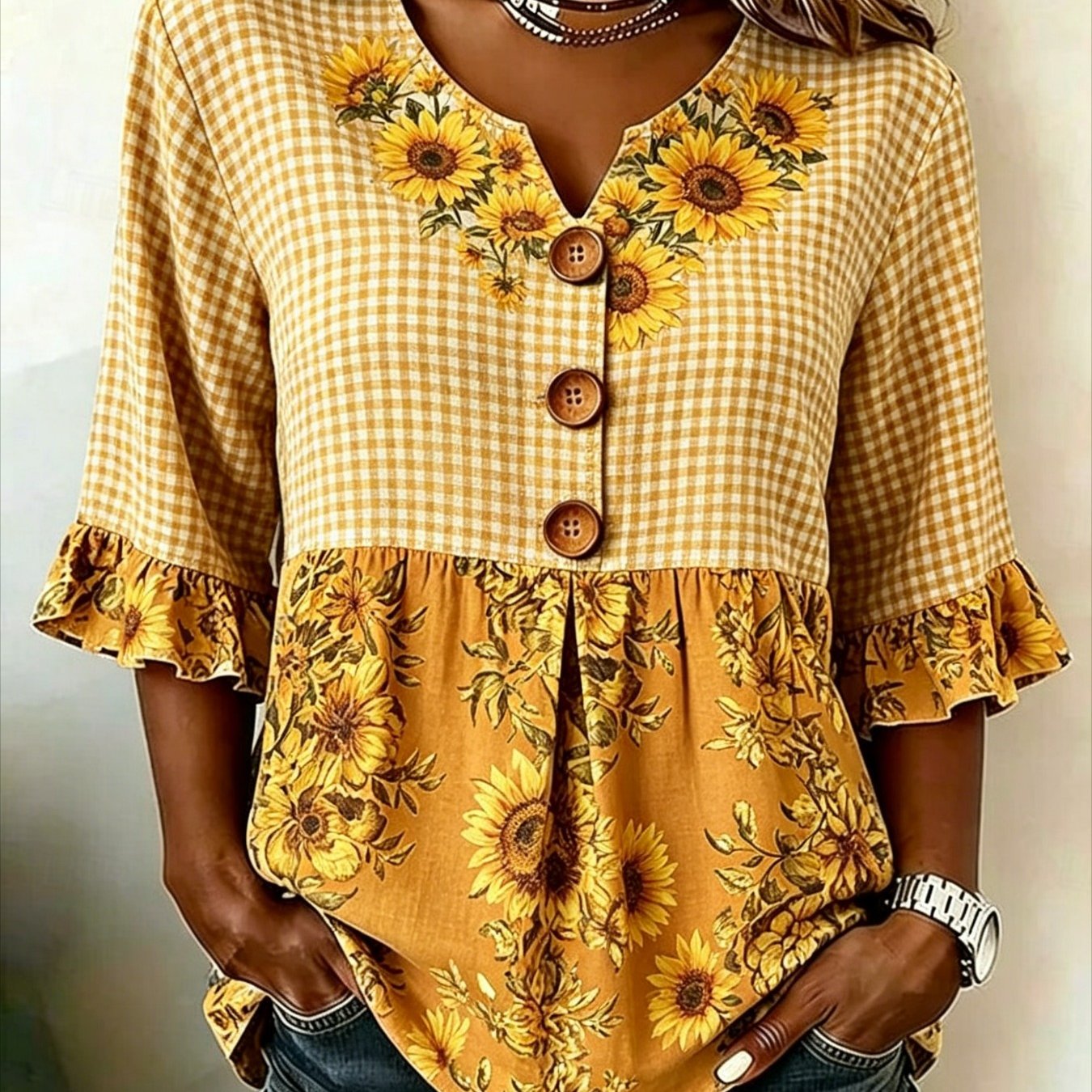 TEMU Women's Color Block Spliced Ditsy Floral Print V-neck Three-button Flare Sleeve Blouse