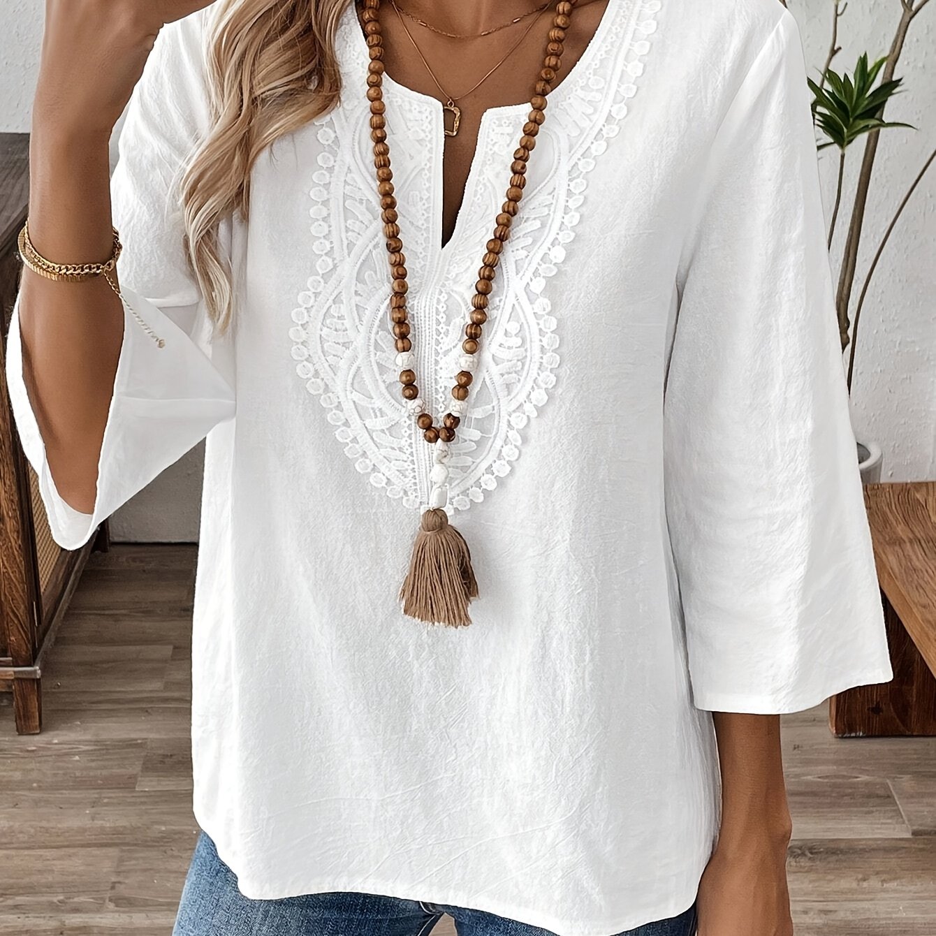 TEMU Women' Color V-neck Vacation Casual Shirt, Three-quarter Sleeve Top