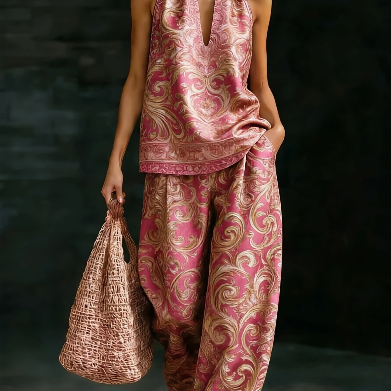 Image of Women's Elegant Two-piece Set: Spring Summer V-neck Sleeveless Top And Wide-leg Pants, Retro Pink Bohemian Pattern Print, Machine Washable, Retro Vacation Wedding Outfit, Bohemian Casual Ensemble