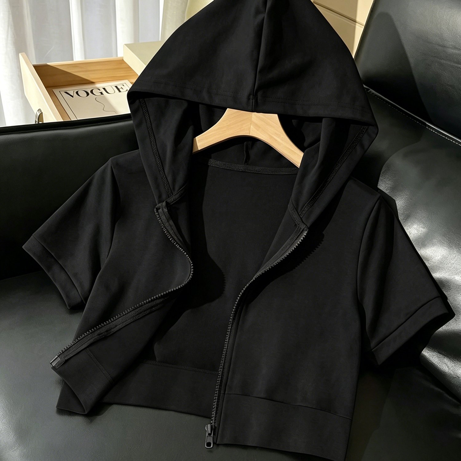 TEMU Casual Solid Color Hooded Short-sleeved Cardigan, Front Zipper, Navel-baring Style, High-elastic Breathable Fabric, Versatile For Shopping,