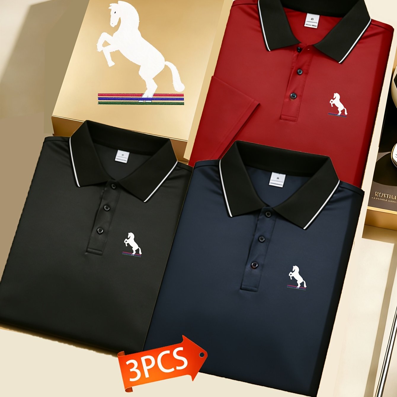 TEMU 3pcs S8-934 Jumping Men's Contrast Quick-dry Fabric Collared Short Sleeve Shirt, Casual Athletic Print Regular Fit Golf Shirt, Versatile