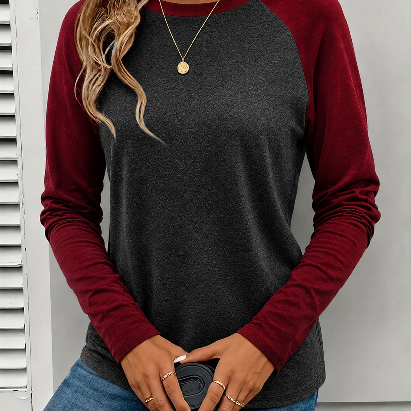 TEMU Long-sleeve Raglan Sleeve Comfortable Casual Round-neck Long-sleeve Top, Suitable , Versatile Top, Washable