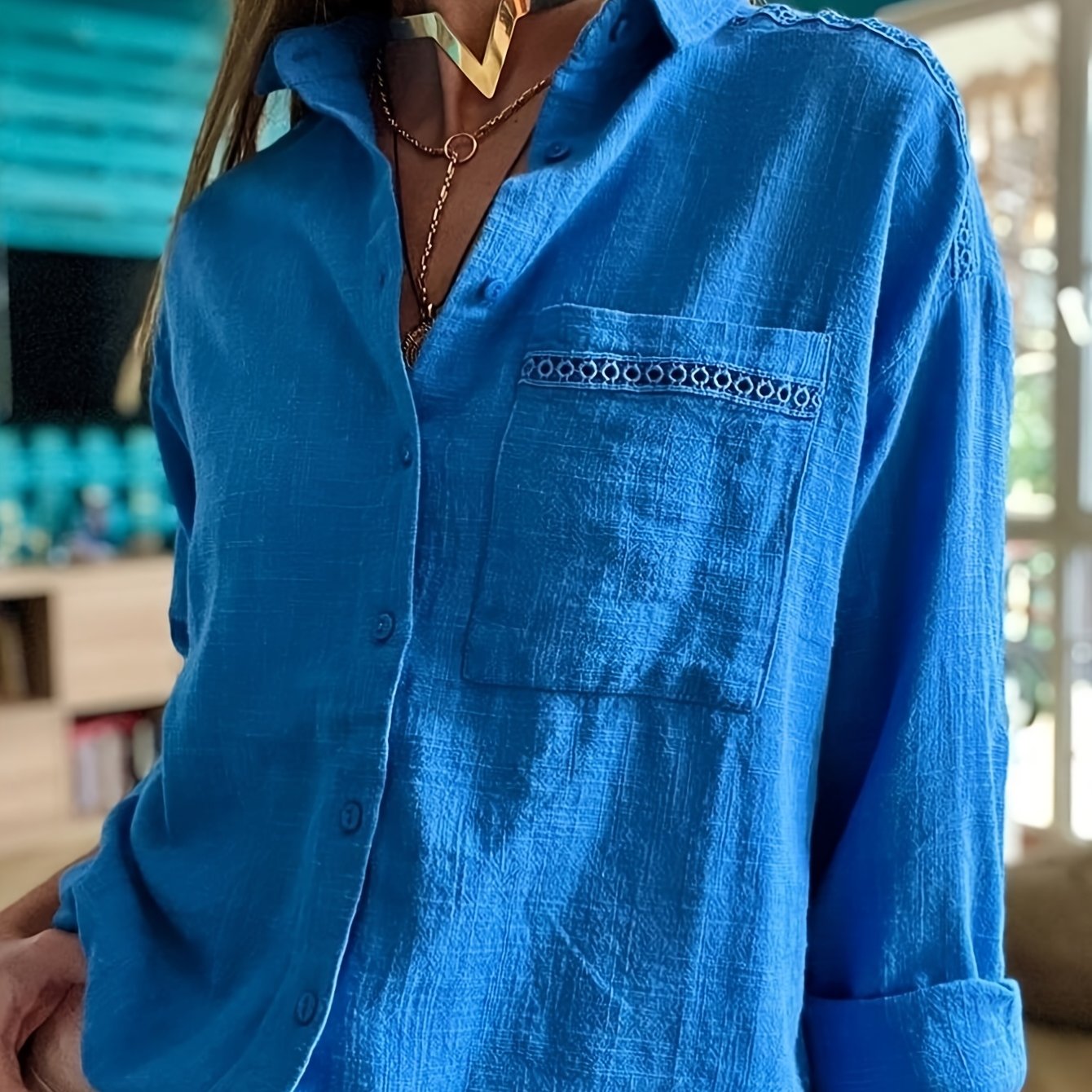 E-shop Damen Neues Einfarbiges Premium Langarm Hemd mit Einzelleiste, , Spitzensaum, Relaxed Fit, Vielseitiges Open Front Cardigan, Dünne Locker Schnür