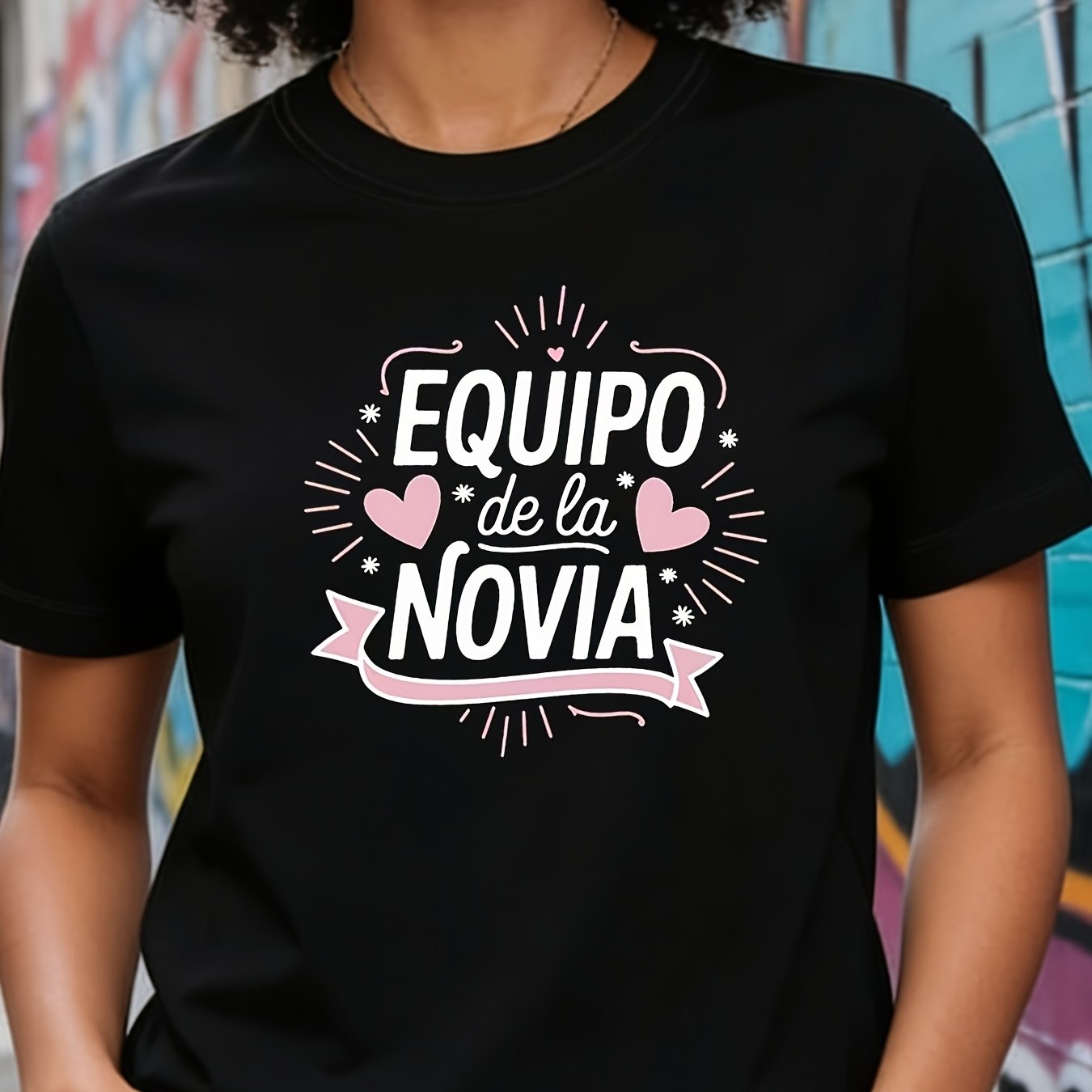 TEMU Camiseta de dama de honor para mujer "EQUIPO De " con estampado de en español - Top básico de cuello y manga corta, compatible con blusa,