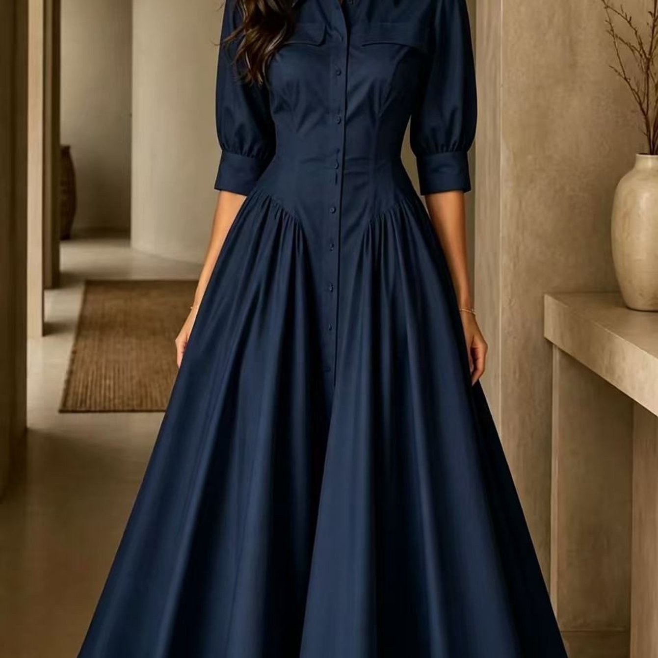 Women's Elegant Button-front High-waist Midi Dress With Pockets, Solid Color 3/4 Sleeve Shirt Dress