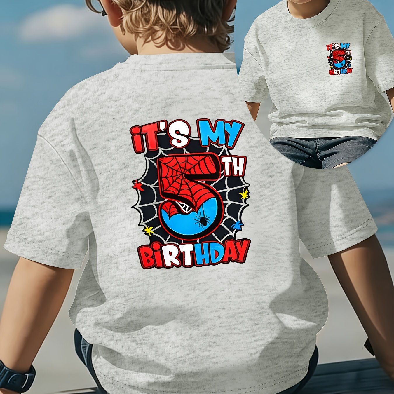 Image of Front And Back Printed Boys' T-shirt, Spider Web 5-year-old Birthday English Print Spring And Summer Round Neck Comfortable Short Sleeve, Fashionable And Boys' Outdoor Wear