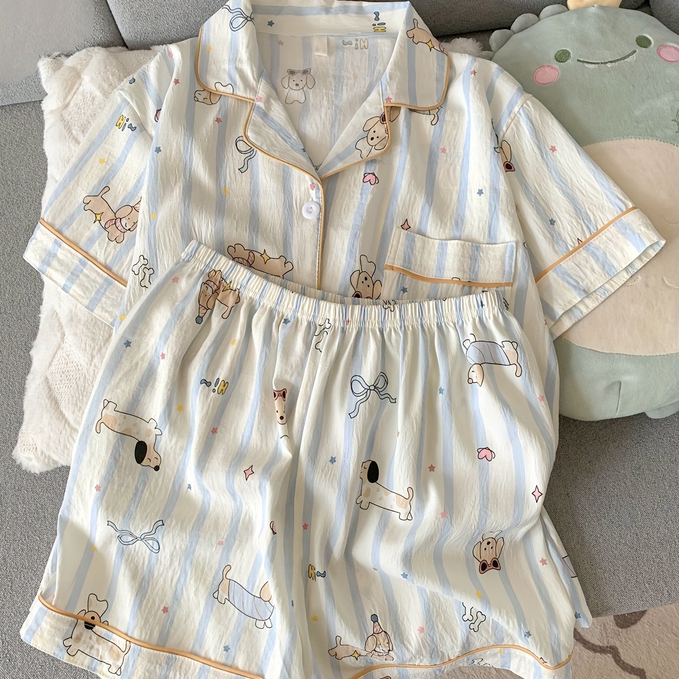 Summer Women's Pajamas Set With Thin Striped Short Sleeves And Shorts Featuring A Cute Cartoon Dog, Perfect For Wear