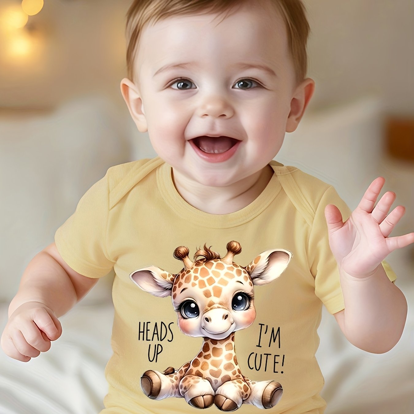 Image of Heads Up I'm Cute Cartoon Giraffe Pattern Baby Short Sleeve Romper Summer Newborn Short Sleeve Crawling Suit Newborn Gift, For Outdoor