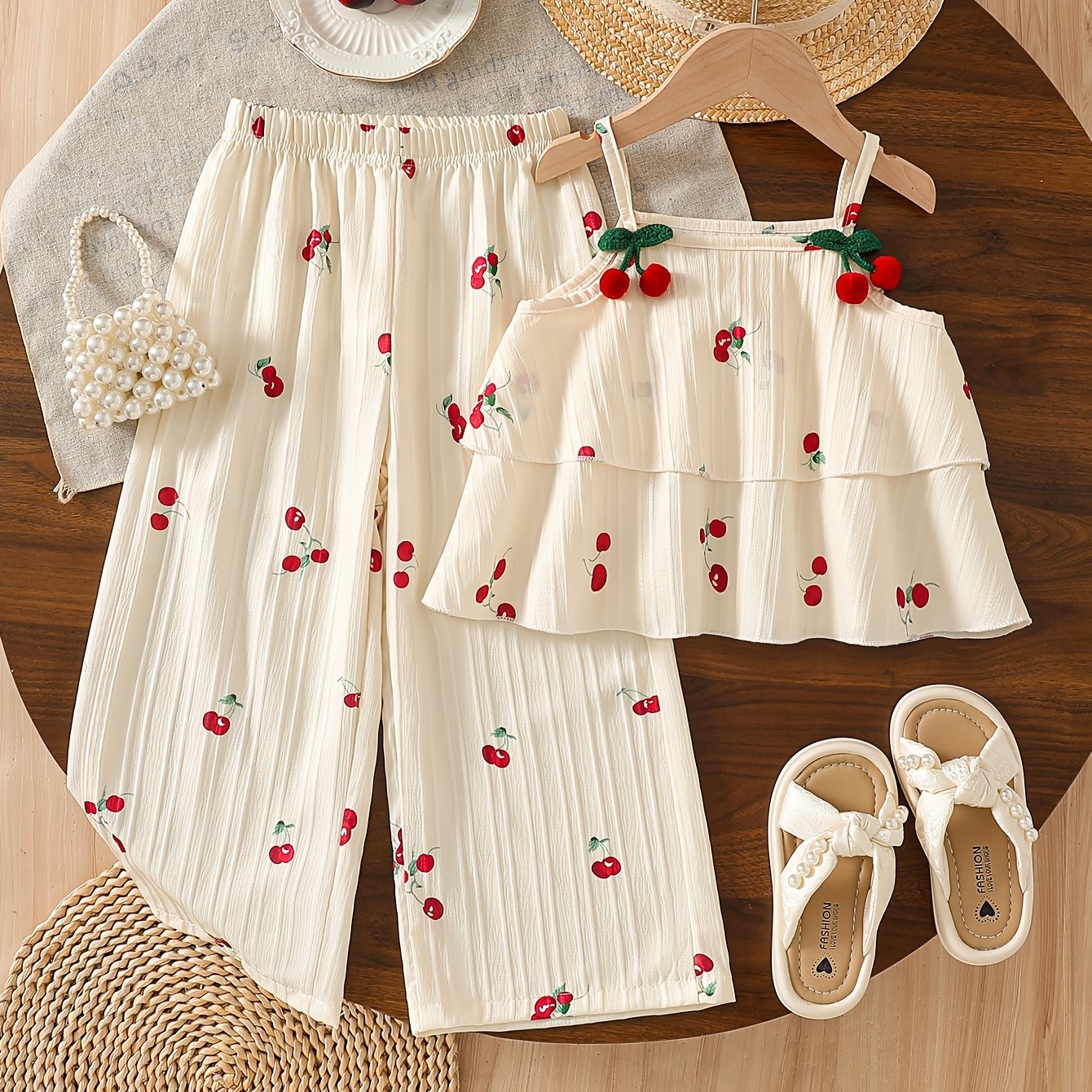Image of 2pcs Girls' Long Pants Set, Fruit Print Decor Cami Top And Straight Long Pants, Suitable For Daily Outing, Vacation, Casual Wear, Spring/summer Style, For Outdoor, Christmas, Halloween