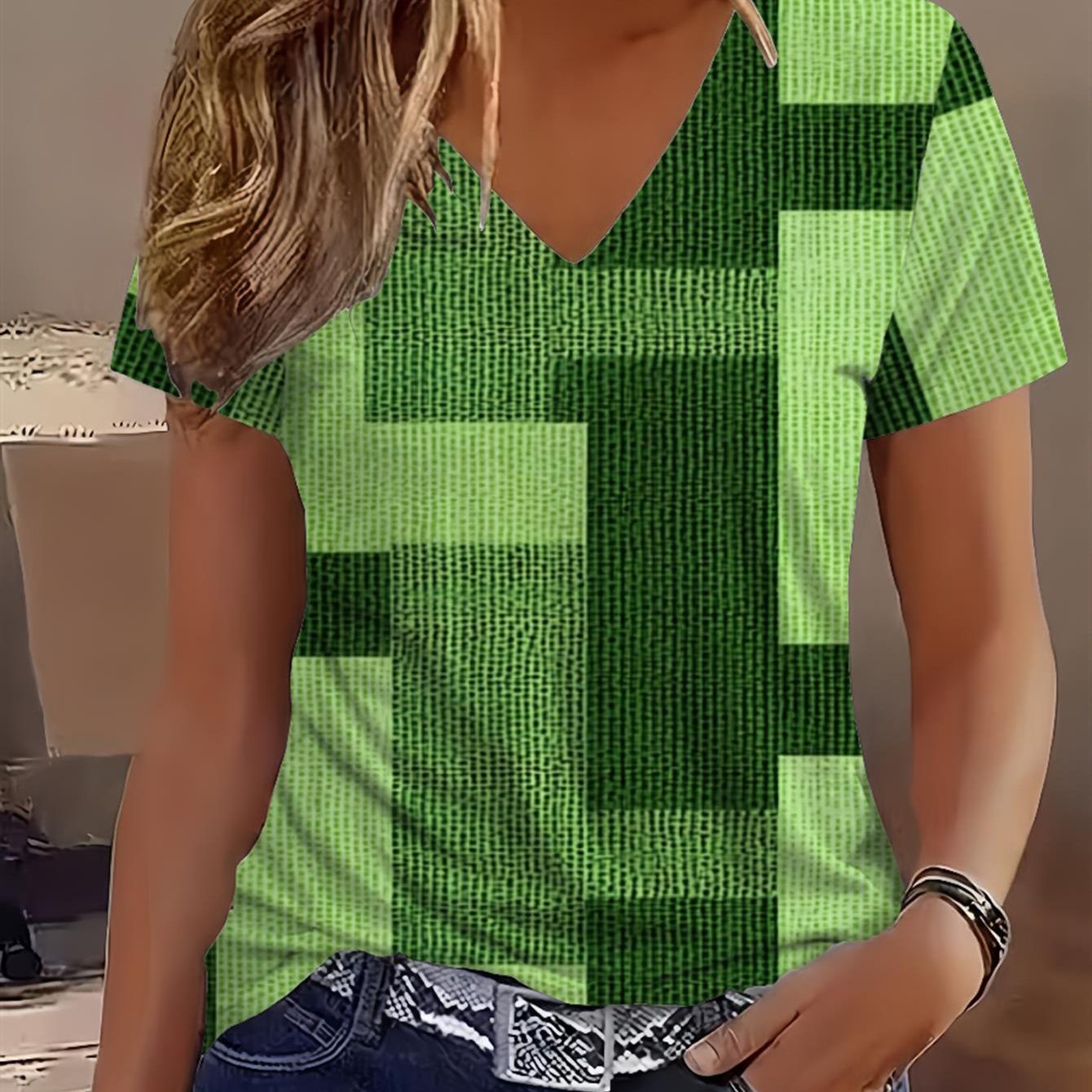 Image of Women's V-neck Short-sleeve T-shirt With Green Geometric Block Print - Elegant Textured Grid Pattern Top For Summer Casual Wear
