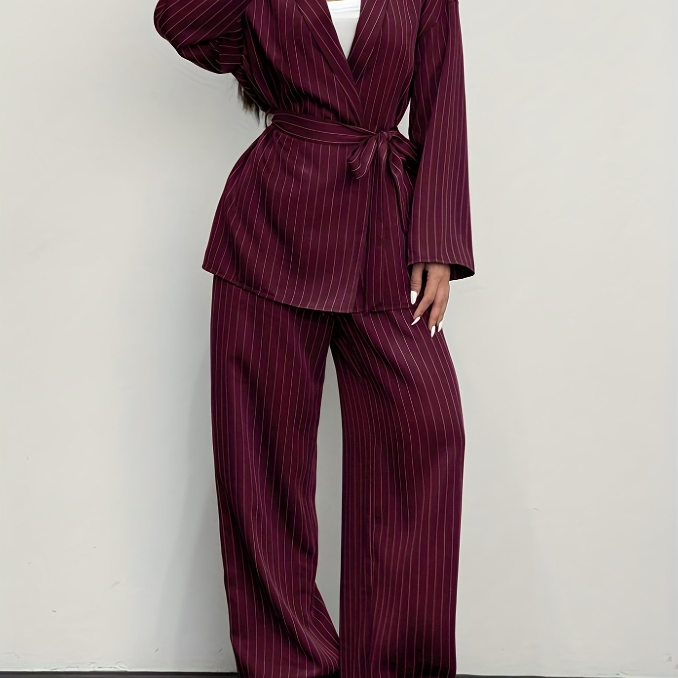 TEMU Women's Striped Wine Red Casual Blazer