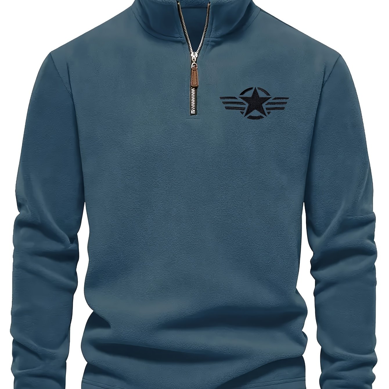 TEMU Sweatshirt Homme Vintage en Polaire Brodé à Demi-Zip avec Col Montant - Pull Chaud d'Hiver avec Design Étoile et Ailes, Manches Longues, Lavable