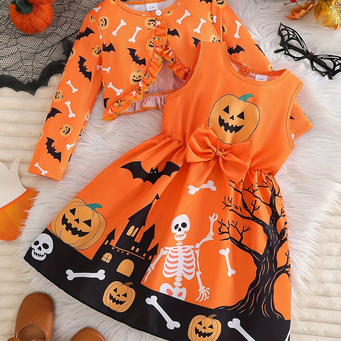 Image of 2pcs Girls' Halloween Dress Set: Pumpkin Sleeveless Dress With Spooky Print And Lace Cardigan Set, Perfect For Outdoor