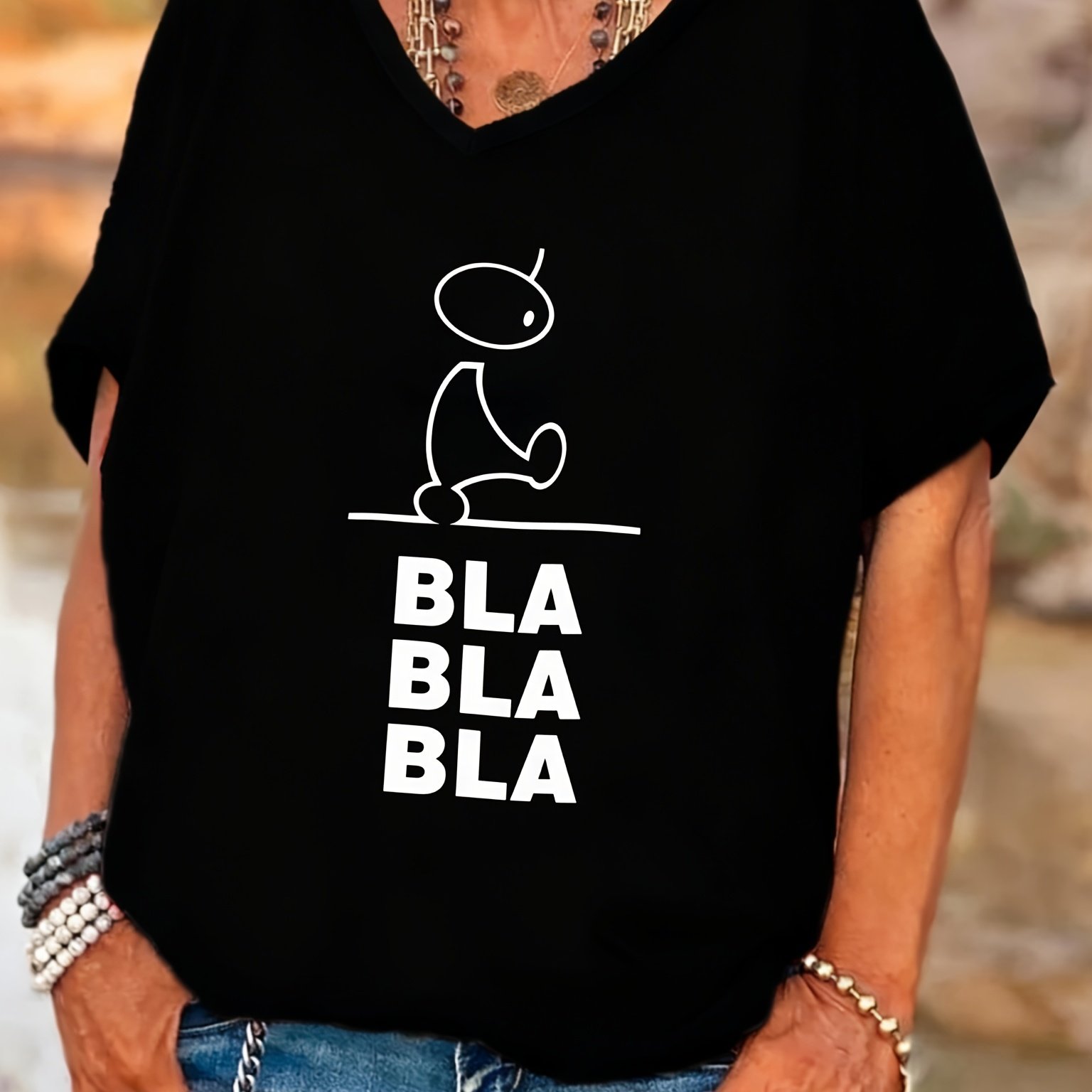 TEMU Trendy - Trendy - Trendy Women's V-neck Batwing Sleeve T-shirt With Bla Print, Casual Summer Top For Beach And Everyday Wear