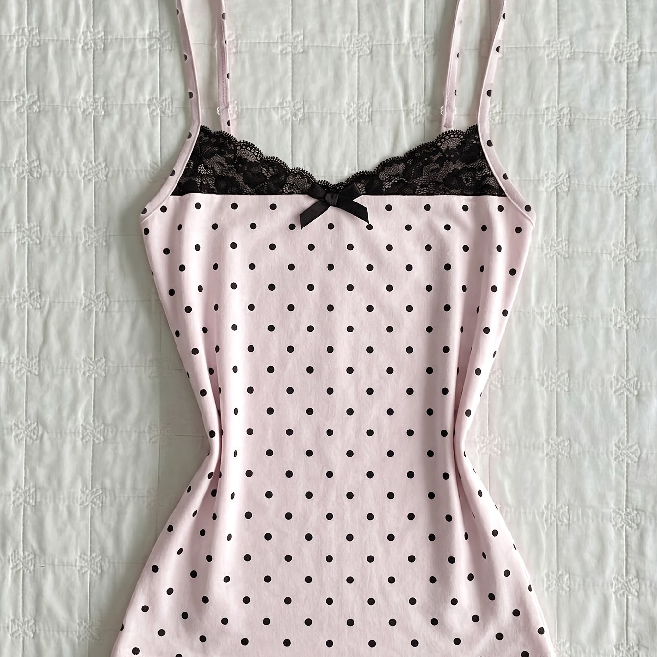 TEMU Summer Soft Pink Polka Dot Lace Spaghetti Strap Top With Black Bow, Girly Slim-fit Short Inner Top