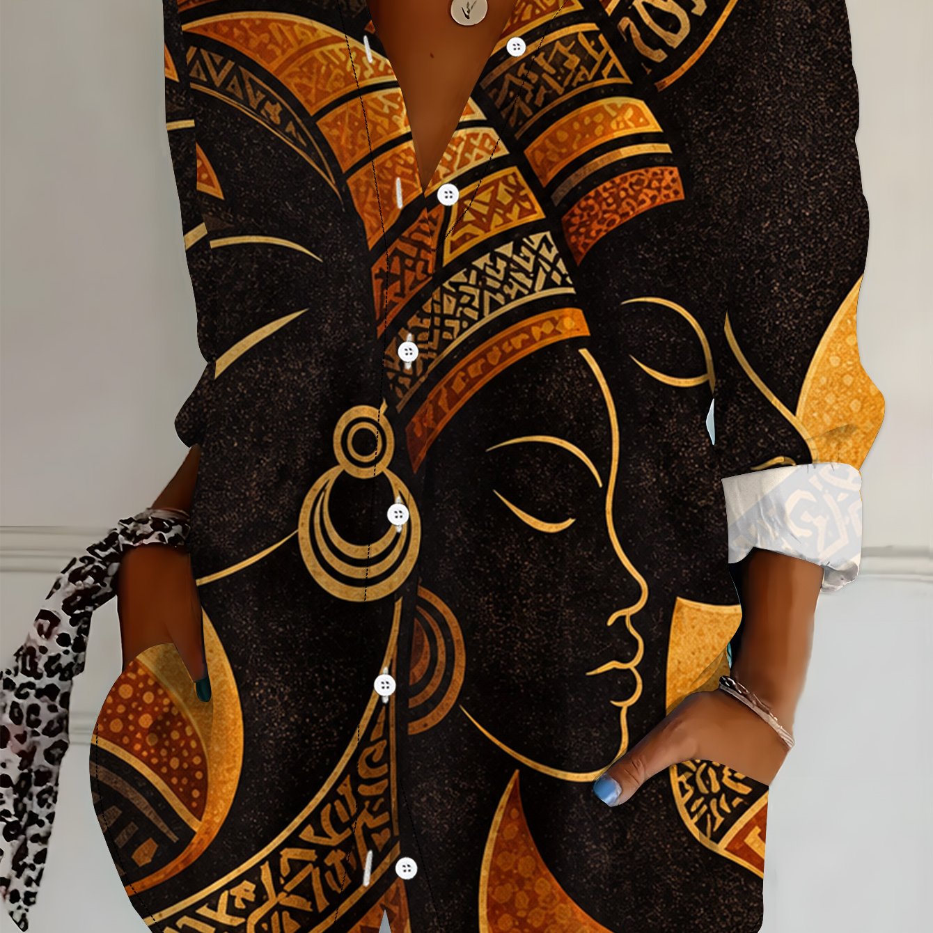 TEMU Plus Size Women's Long Sleeve Shirt, Ethnic Style Printed Loose Shirt With African Figures, Mid-length Women's Blouse, Black Color, Loose